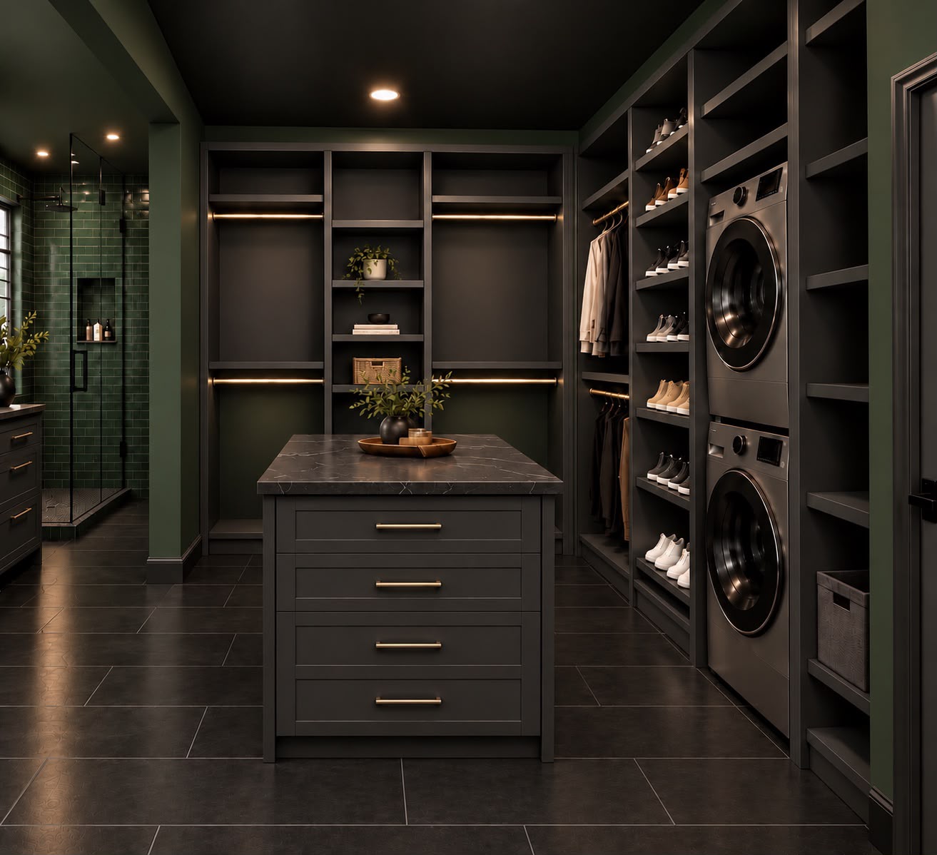 Closet shelving, hanging space, drawers, and integrated cabinetry.
