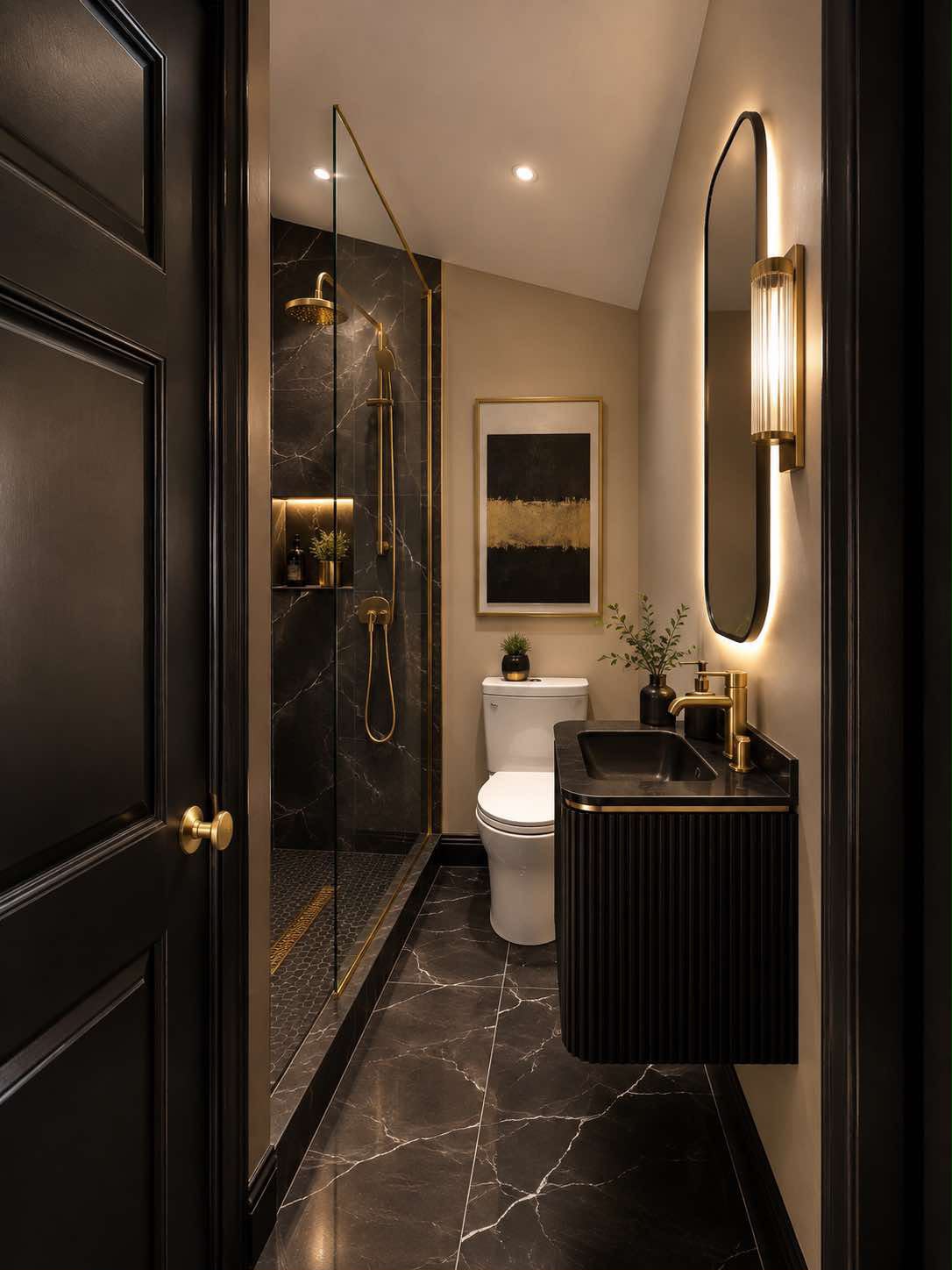 Dark bathroom with glass shower and illuminated vanity mirror.