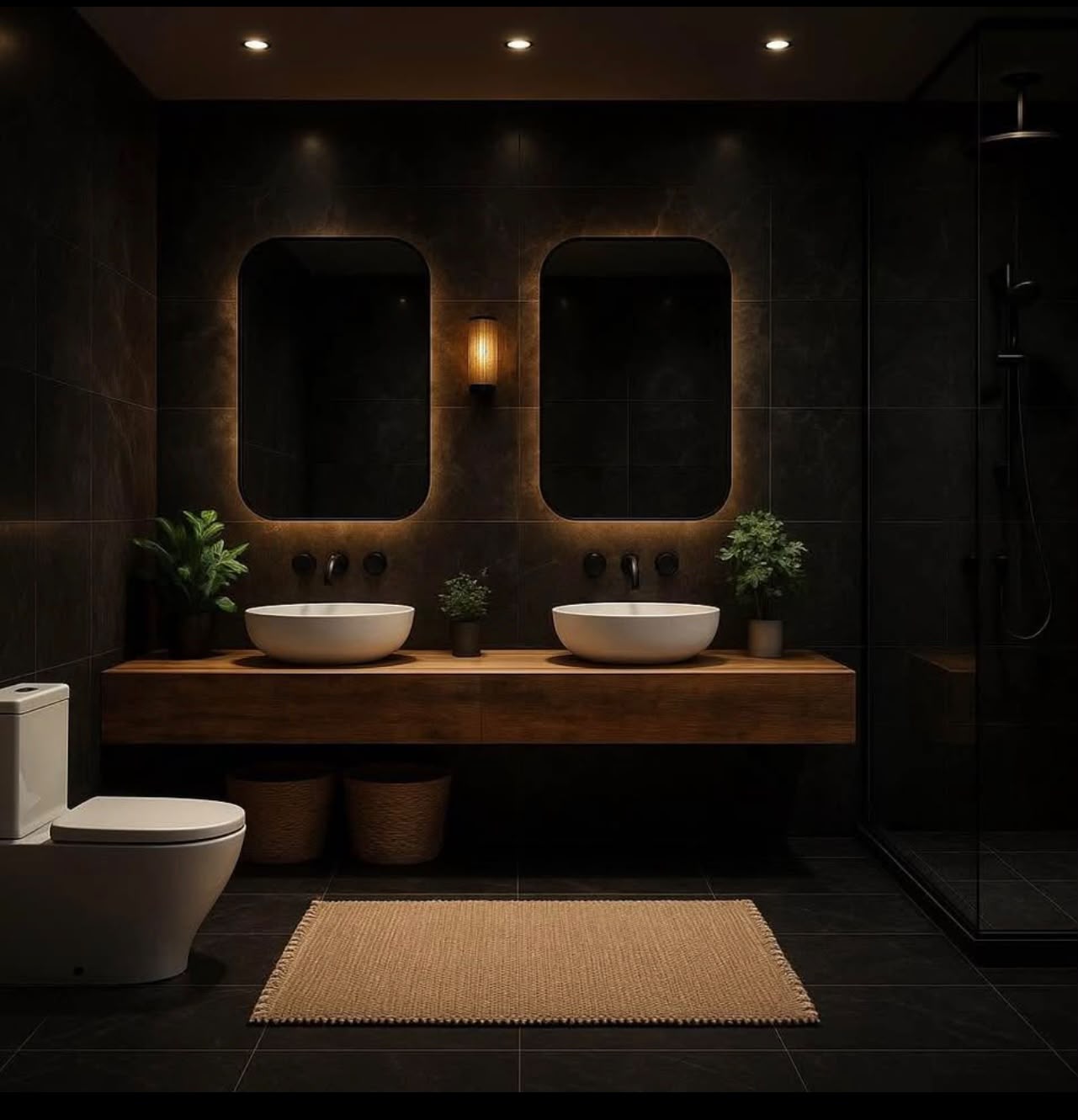 Dark double vanity with vessel sinks, illuminated mirrors and warm lighting.
