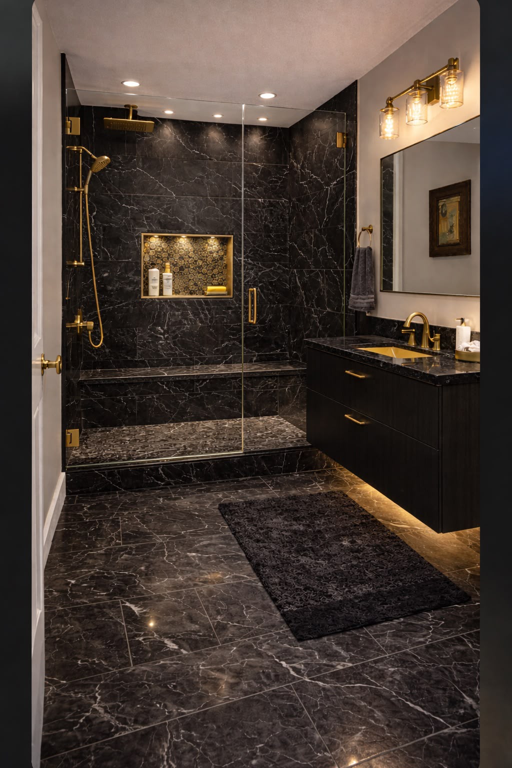 Peachline bathroom with dark marble-look surfaces, glass shower, warm metal fixtures and illuminated vanity