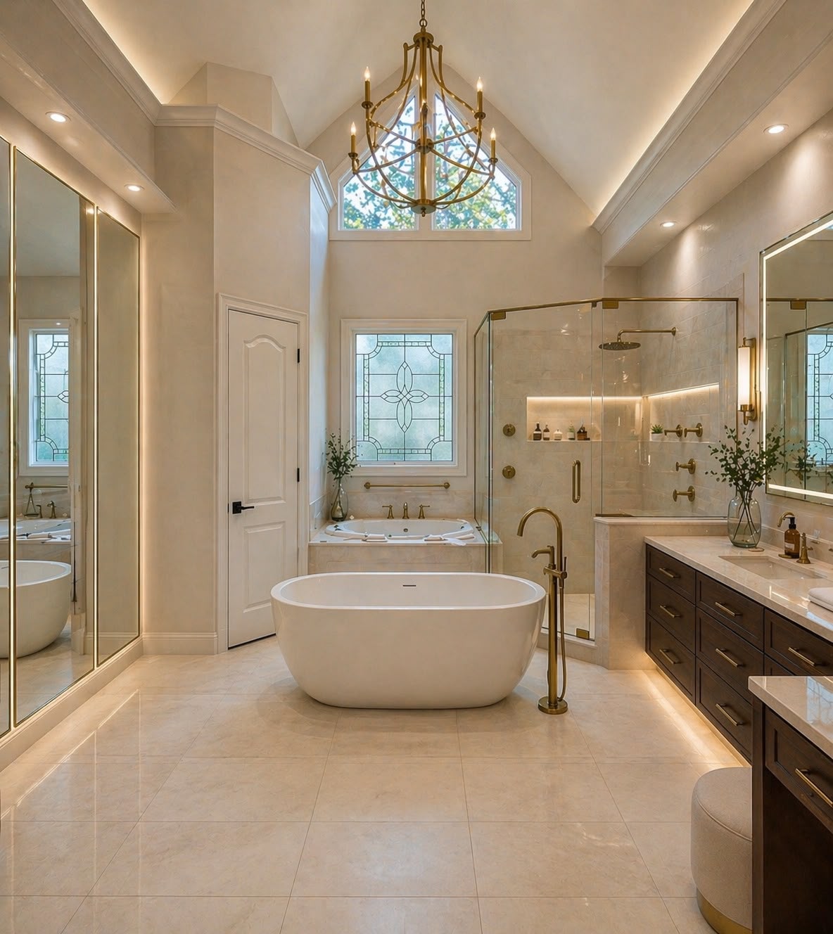 Light Peachline bathroom with freestanding tub, glass shower and warm metal accents