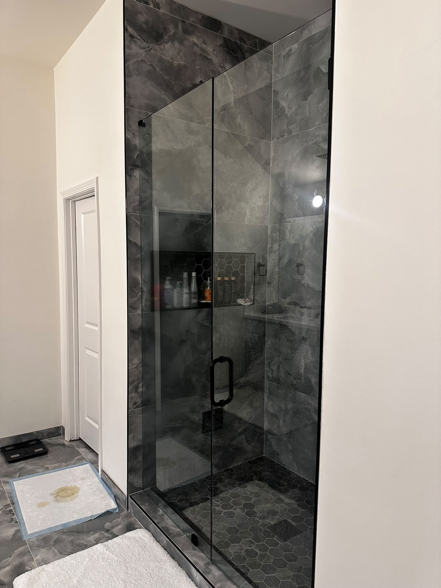 Glass shower with dark wall tile and contrasting light surfaces.