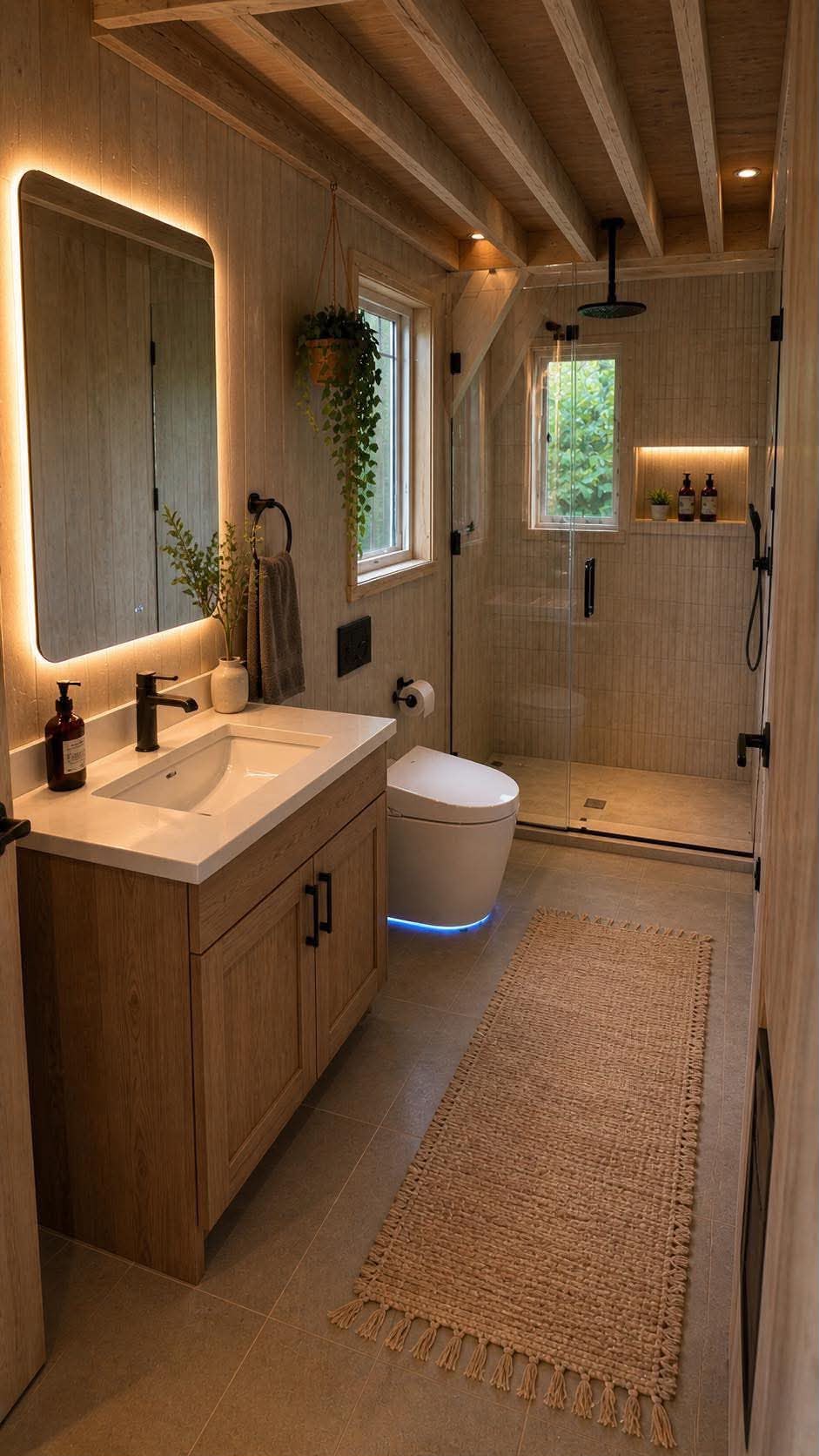 Wood finishes, illuminated mirror and coordinated bathroom fixtures.